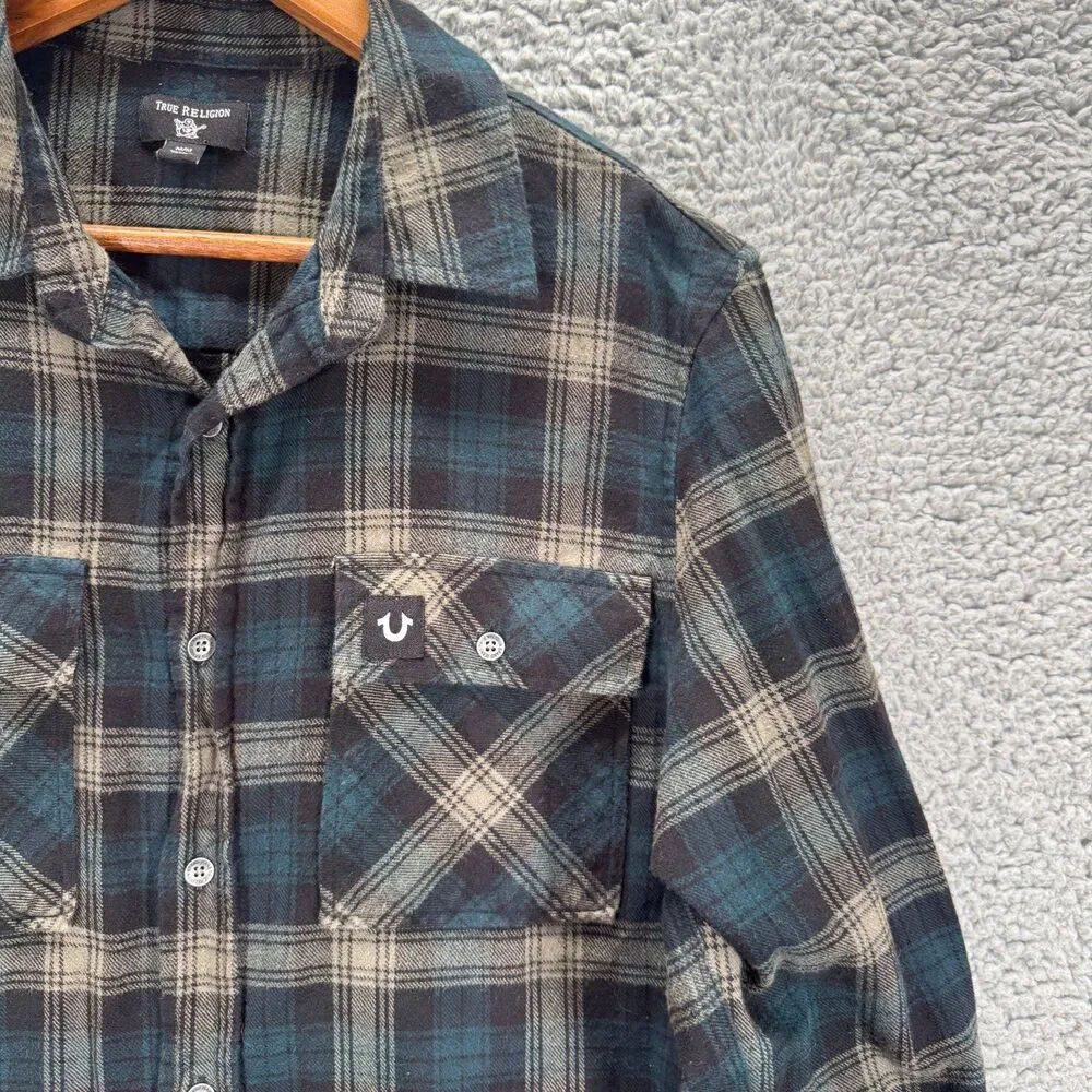 True Religion Flannel Shirt Mens M Green Plaid Western Triple Needle